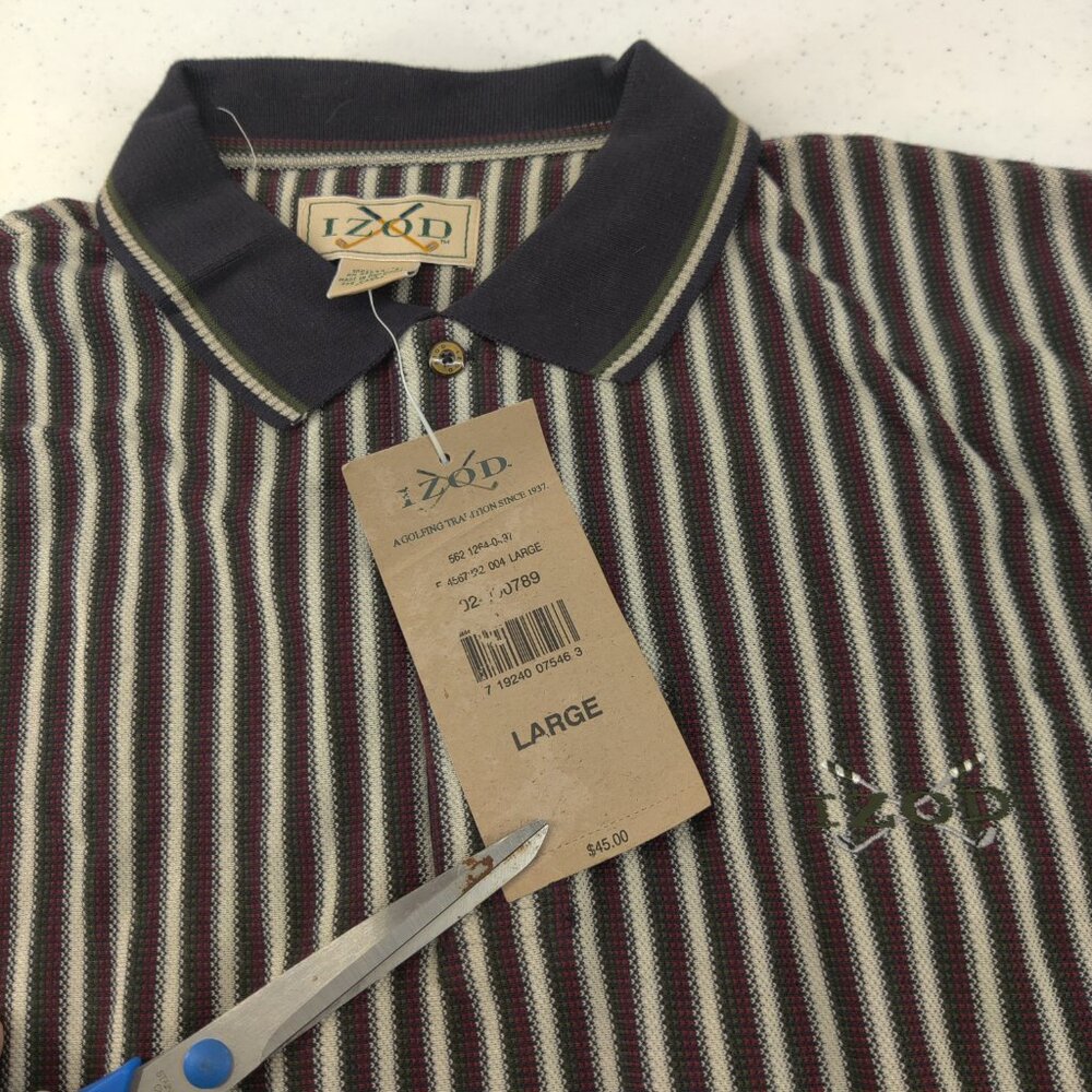 VTG Izod Polo Shirt Mens Large Striped Golf Cotton Navy Red Green Short Sleeve